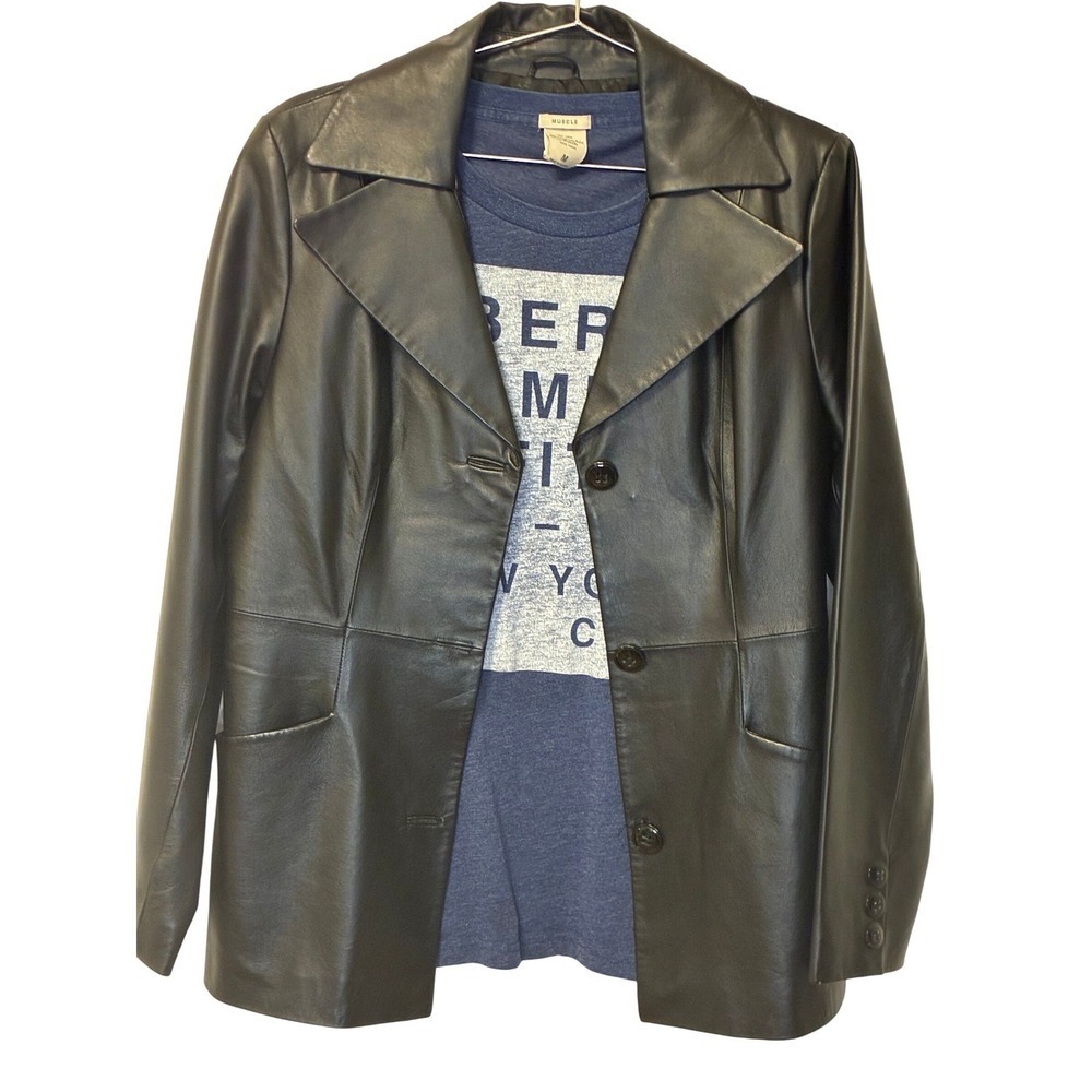 Vintage East 5th Black Genuine Leather Jacket Blazer Coat Belted Womens Medium